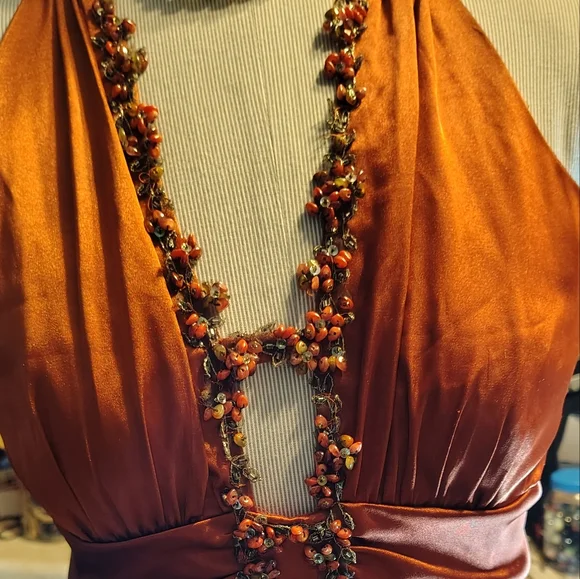 Free Sterling W/ Purch Jessica McClintock Gown Dress Burnt Rust Orange Beading 8 - Picture 10 of 13